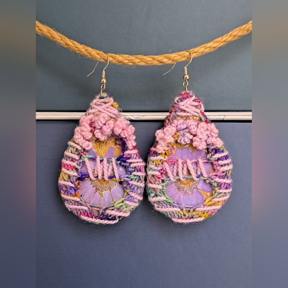 Handcrafted Pink and Purple Knitted Earrings With Dry Flowers